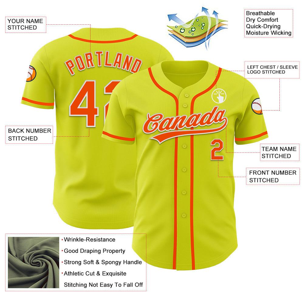 Custom Neon Yellow Orange-White Authentic Baseball Jersey view 3