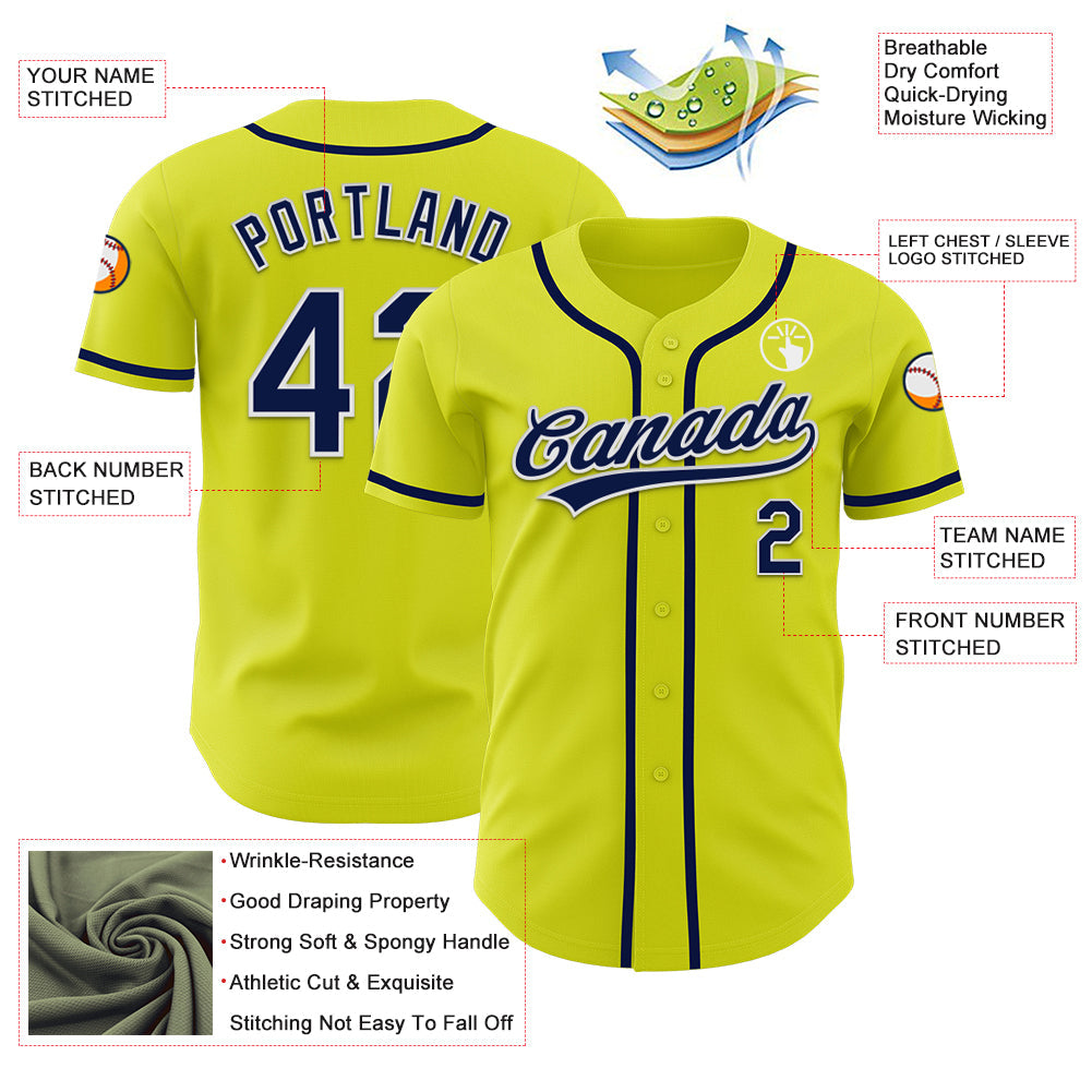 Custom Neon Yellow Navy-White Authentic Baseball Jersey view 3