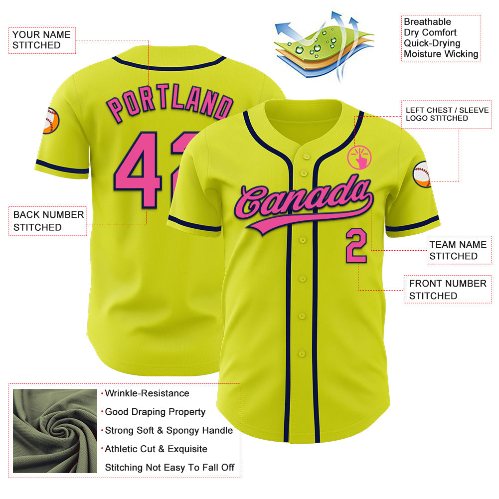 Custom Neon Yellow Pink-Navy Authentic Baseball Jersey view 3