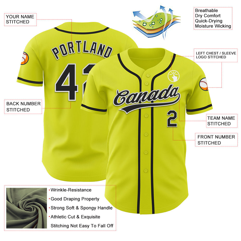 Custom Neon Yellow Black-White Authentic Baseball Jersey view 3