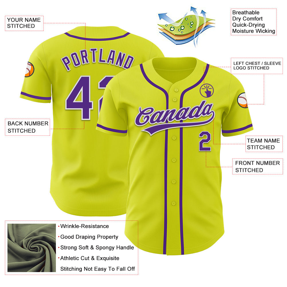 Custom Neon Yellow Purple-White Authentic Baseball Jersey view 3