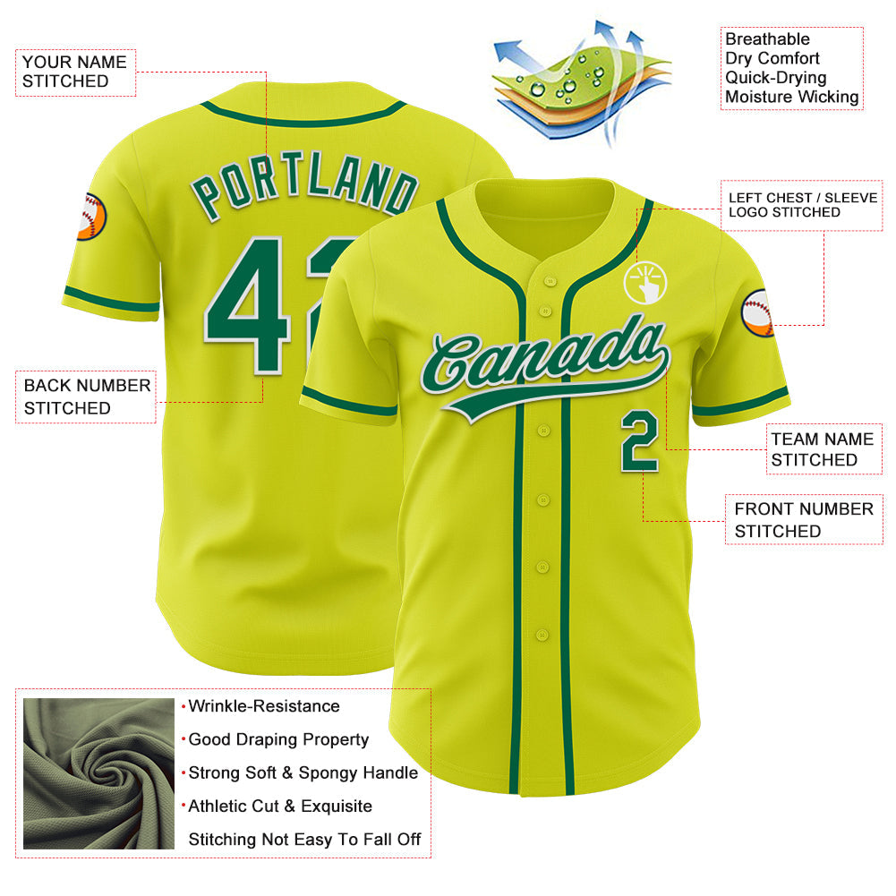 Custom Neon Yellow Kelly Green-White Authentic Baseball Jersey view 3