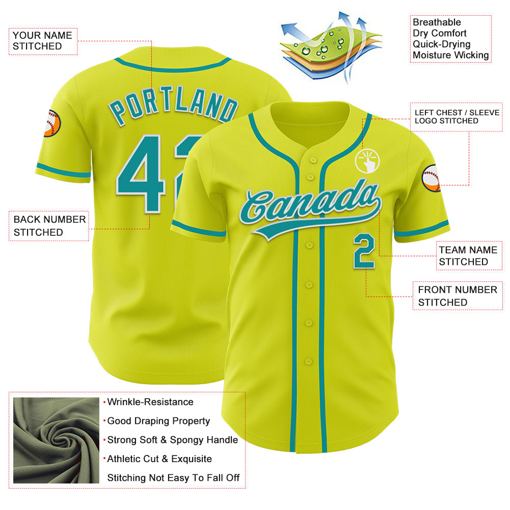 Custom Neon Yellow Teal-White Authentic Baseball Jersey view 3