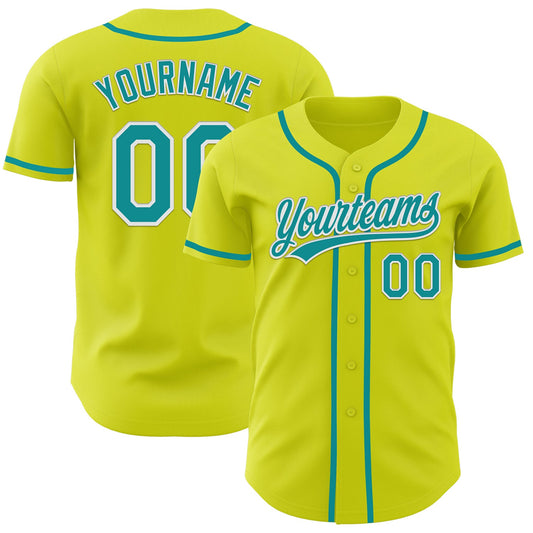 Custom Neon Yellow Teal-White Authentic Baseball Jersey - Main View