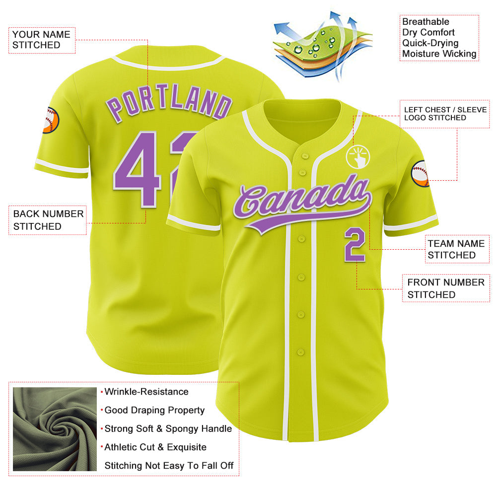 Custom Neon Yellow Medium Purple-White Authentic Baseball Jersey view 3