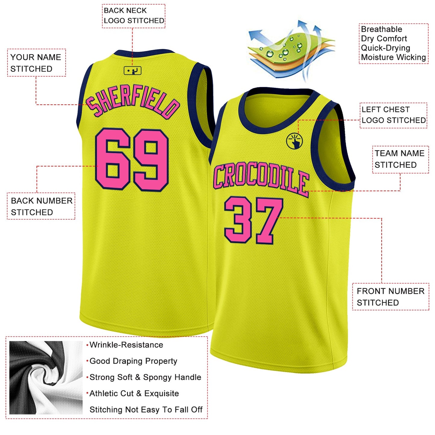Custom Neon Yellow Pink-Navy Authentic Basketball Jersey view 2