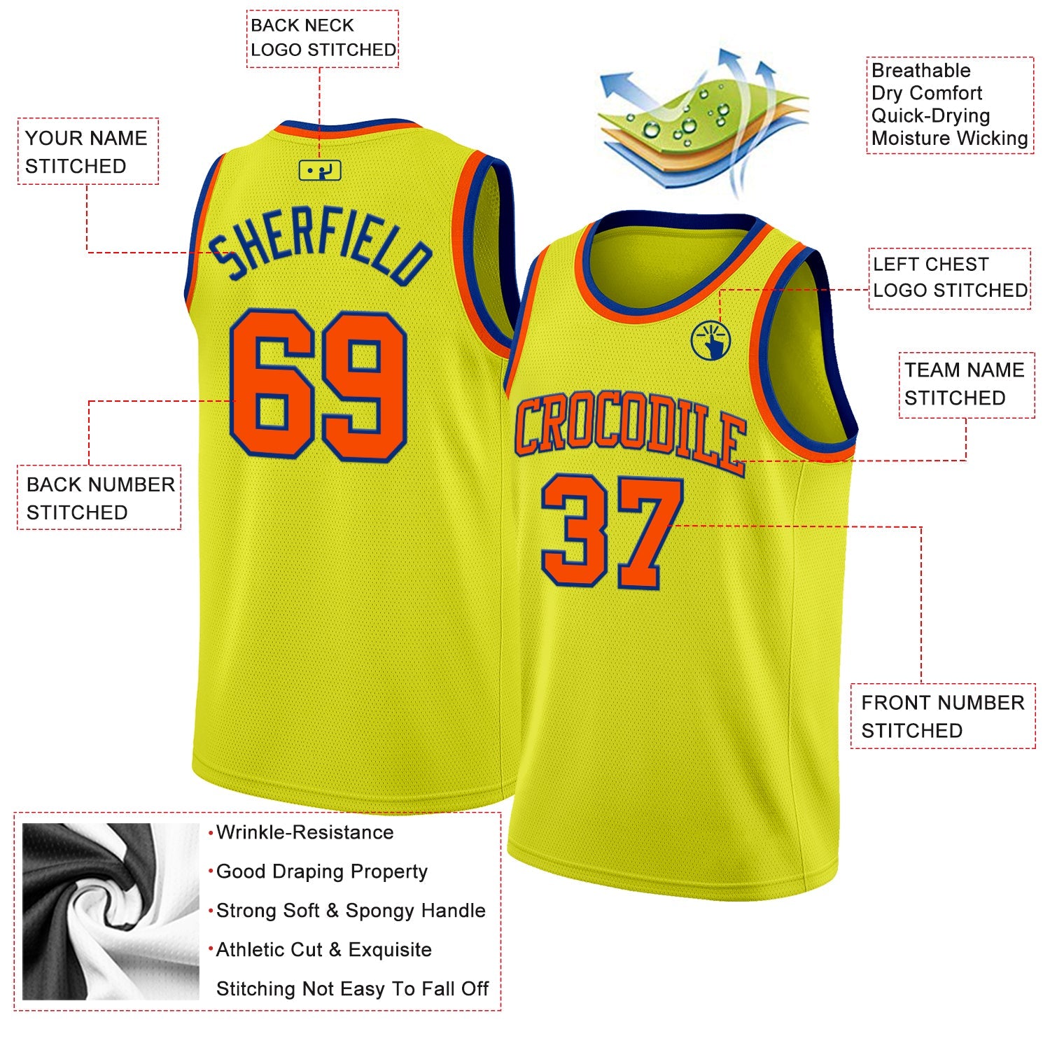 Custom Neon Yellow Orange-Royal Authentic Basketball Jersey view 2