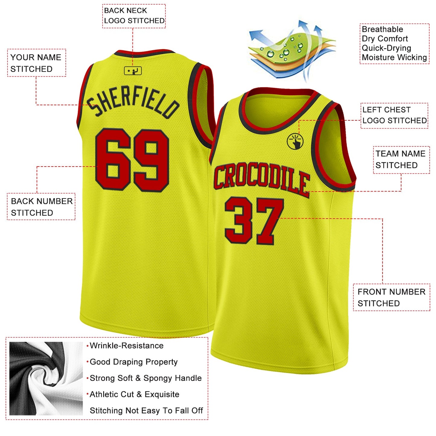 Custom Neon Yellow Red-Black Authentic Basketball Jersey view 2