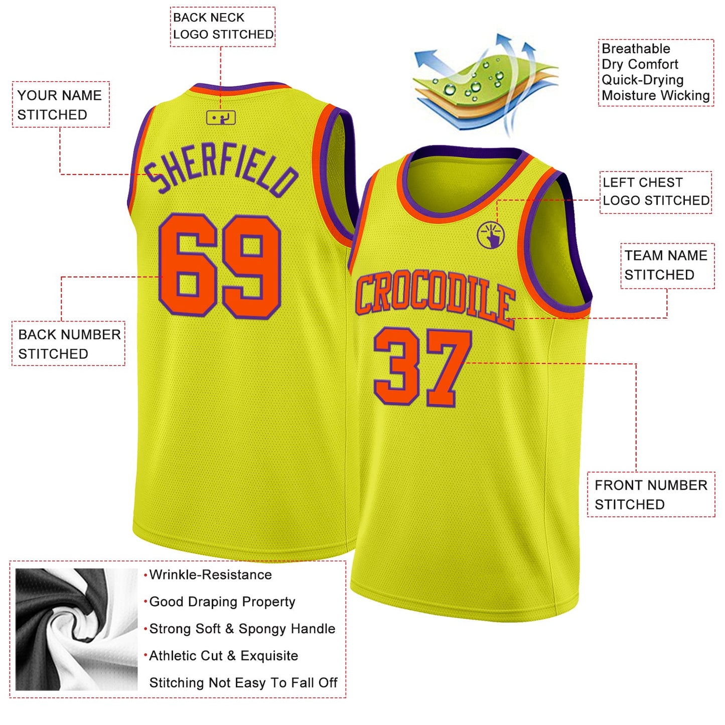 Custom Neon Yellow Orange-Purple Authentic Basketball Jersey view 2