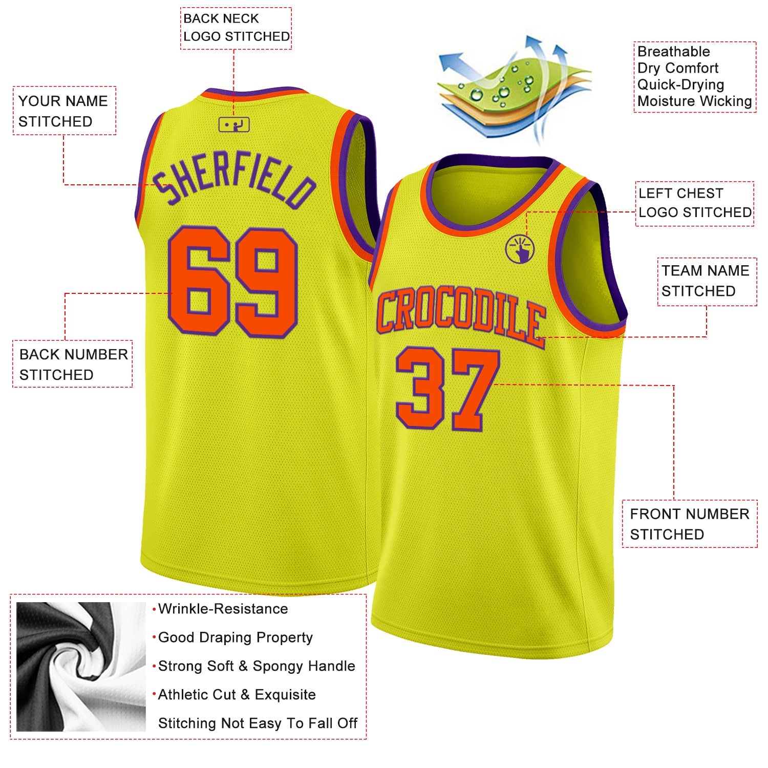 Custom Neon Yellow Orange-Purple Authentic Basketball Jersey view 2
