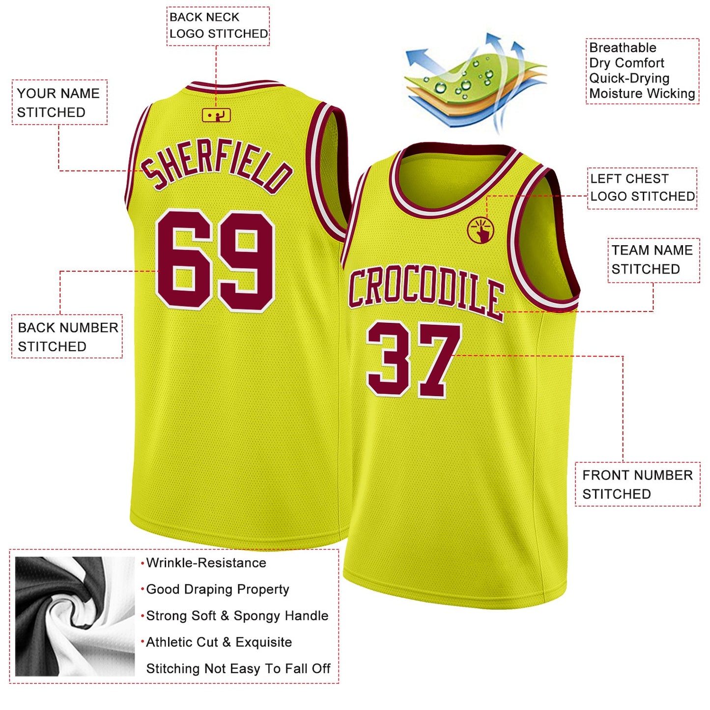 Custom Neon Yellow Maroon-White Authentic Basketball Jersey view 2