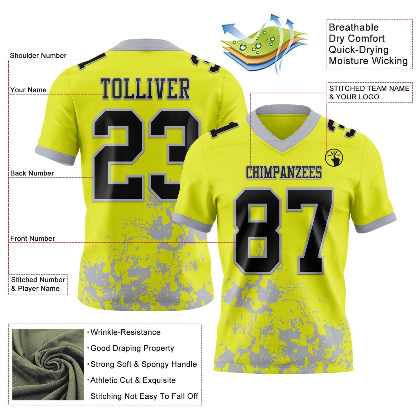 Custom Neon Yellow Black-Gray 3D Pattern Splash Authentic Football Jersey view 3