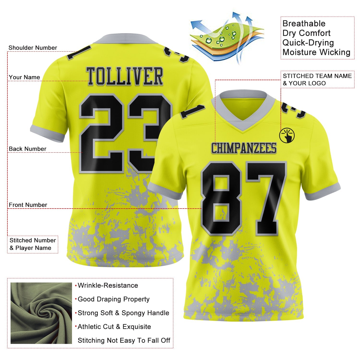 Custom Neon Yellow Black-Gray 3D Pattern Splash Authentic Football Jersey view 3