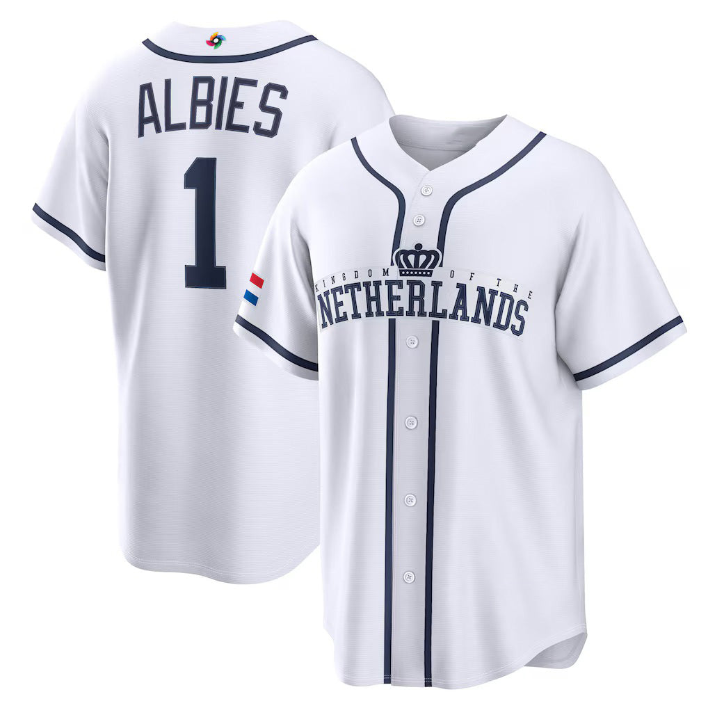 Netherlands Baseball #1 Ozzie Albies 2026 World Baseball Classic Home Stadium Jersey - White Baseball Jersey Tailgate Goods - Main View