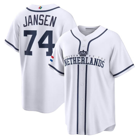 Netherlands Baseball #74 Kenley Jansen 2026 World Baseball Classic Home Stadium Jersey - White Baseball Jersey Tailgate Goods - Main View