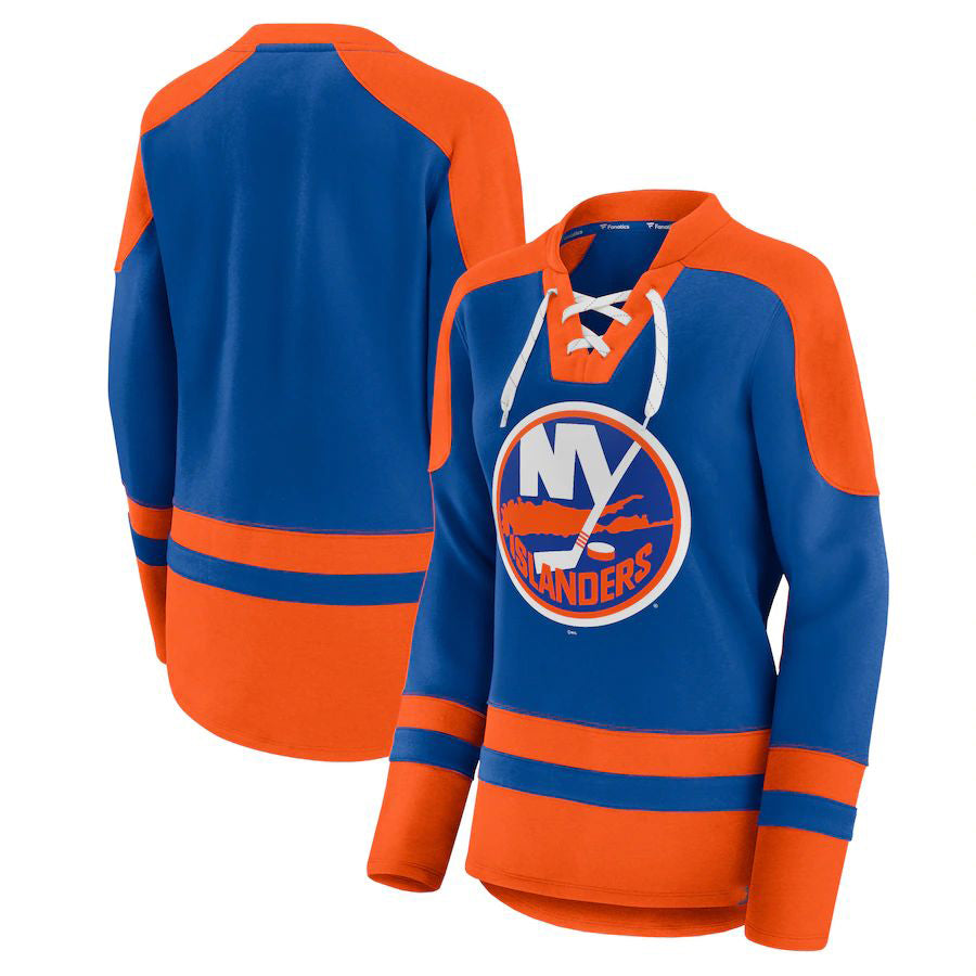 NY.Islanders Fanatics Branded Net Gain Fleece V-Neck Pullover Sweatshirt RoyalOrange Stitched American Hockey Jerseys - Main View
