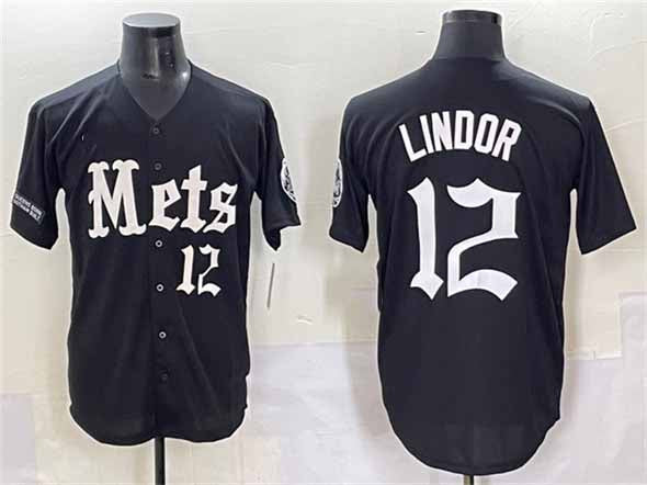 New York Mets #12 Francisco Lindor Black 'Gotham Gothic Edition' Vapor Premier Limited Stitched Baseball Jersey - Main View
