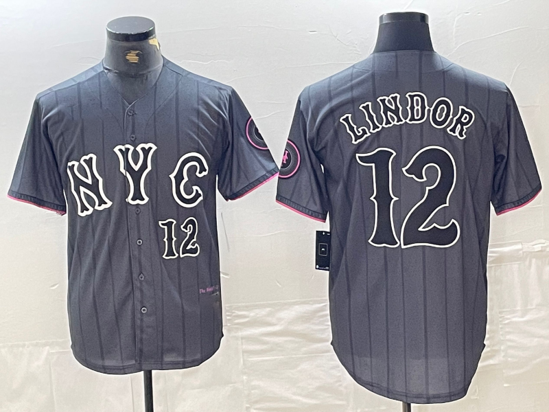 New York Mets #12 Francisco Lindor Number Grey 2024 City Connect Cool Base Stitched Baseball Jerseys - Main View