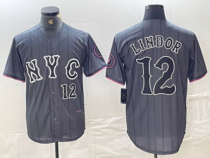 New York Mets #12 Francisco Lindor Number Grey 2024 City Connect Cool Base Stitched Baseball Jerseys - Main View