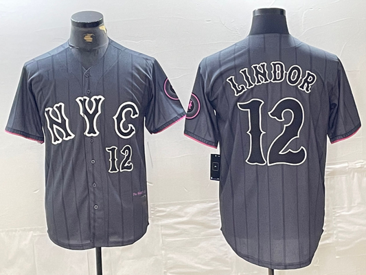 New York Mets #12 Francisco Lindor Number Grey 2024 City Connect Cool Base Stitched Baseball Jerseys - Main View