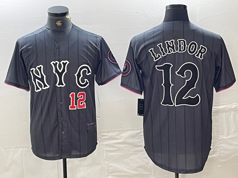 New York Mets #12 Francisco Lindor Number Grey 2024 City Connect Cool Base Stitched Baseball Jerseys - Main View
