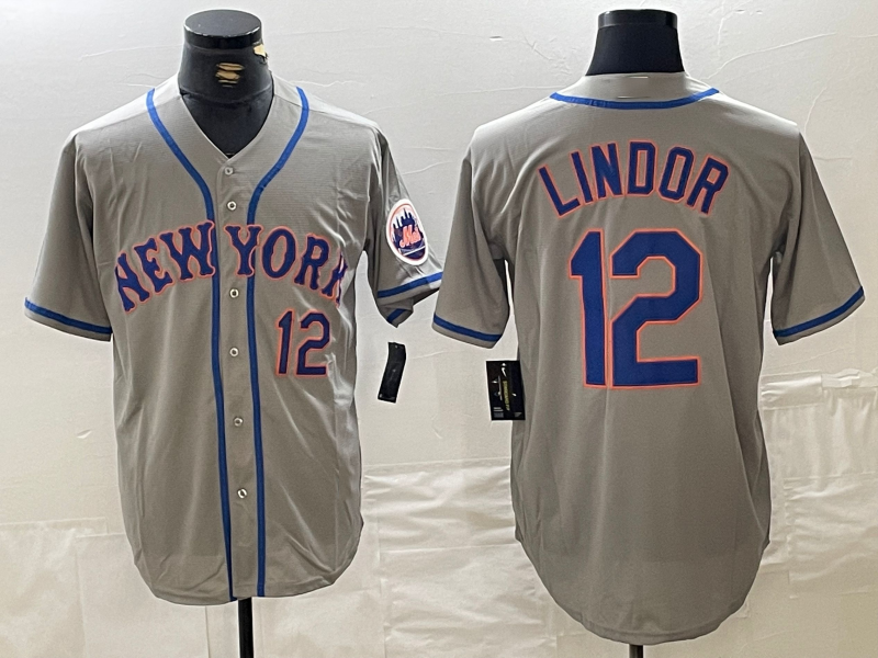 New York Mets #12 Francisco Lindor Number Grey Stitched Cool Base Baseball Jerseys - Main View