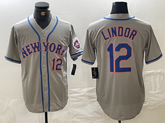 New York Mets #12 Francisco Lindor Number Grey Stitched Cool Base Baseball Jerseys - Main View