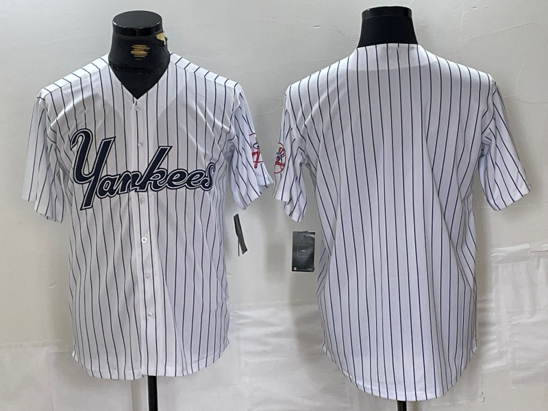 New York Yankees Blank White Pinstripe Fashion Cool Base Baseball Jersey - Main View
