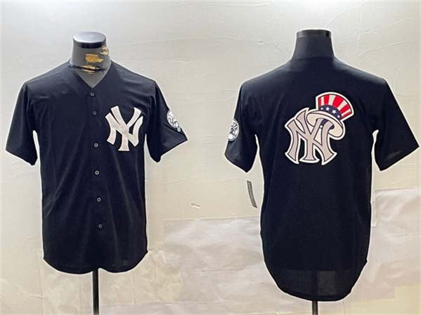 New York Yankees Team Big Logo Black With Patch Cool Base Stitched Baseball Jersey - Main View