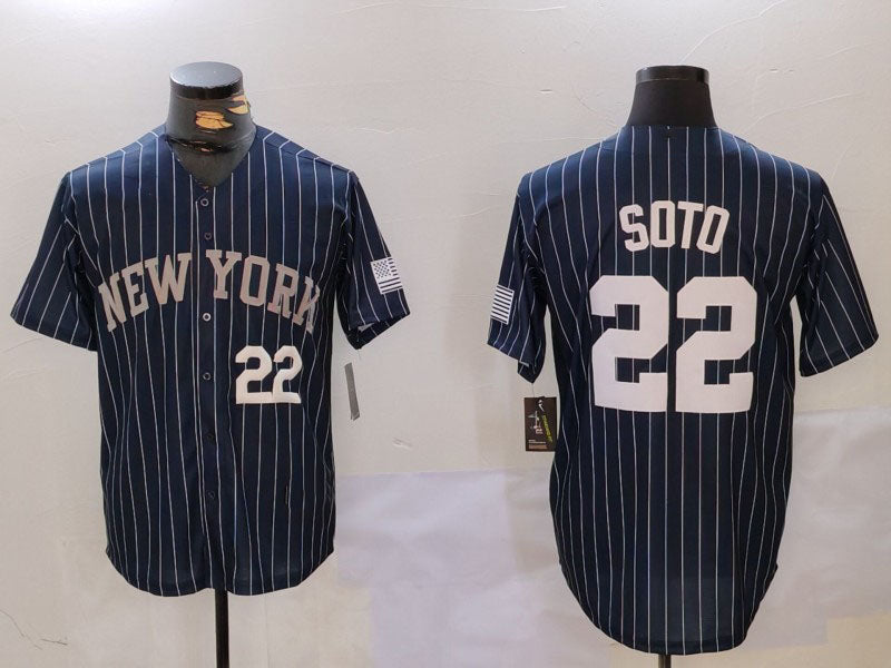 New York Yankees #22 Juan Soto Navy Pinstripe Fashion Cool Base Baseball Jersey - Main View