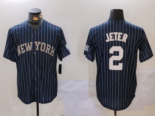 New York Yankees #2 Derek Jeter Navy Pinstripe Fashion Cool Base Baseball Jersey - Main View