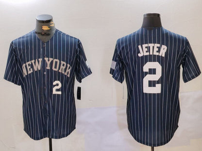 New York Yankees #2 Derek Jeter Navy Pinstripe Fashion Cool Base Baseball Jersey - Main View