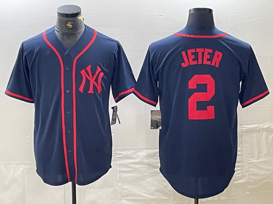 New York Yankees #2 Derek Jeter Navy Red Fashion Cool Base Baseball Jersey - Main View