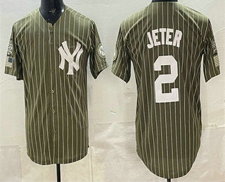 New York Yankees #2 Derek Jeter Olive Pinstripe 2026 Armed Forces Day Salute To Service Jersey - Main View