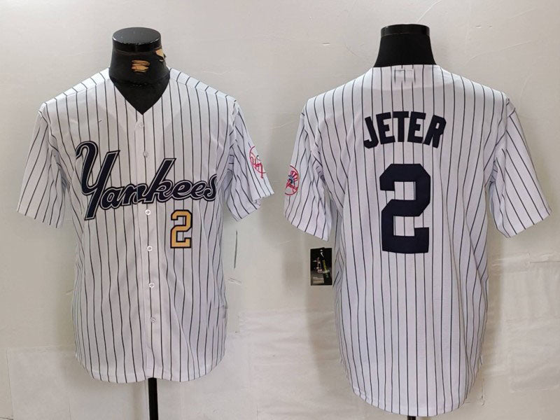 New York Yankees #2 Derek Jeter White Pinstripe Fashion Cool Base Baseball Jerseys - Main View