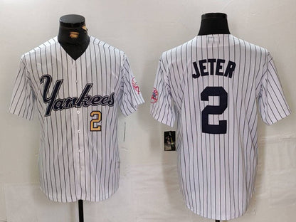 New York Yankees #2 Derek Jeter White Pinstripe Fashion Cool Base Baseball Jerseys - Main View
