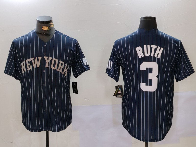 New York Yankees #3 Babe Ruth Navy Pinstripe Fashion Cool Base Baseball Jersey - Main View