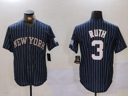 New York Yankees #3 Babe Ruth Navy Pinstripe Fashion Cool Base Baseball Jersey - Main View