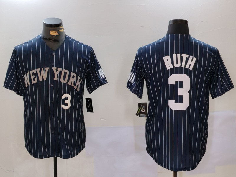 New York Yankees #3 Babe Ruth Navy Pinstripe Fashion Cool Base Baseball Jersey - Main View