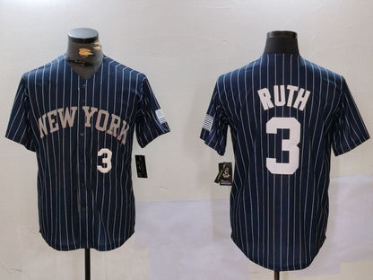 New York Yankees #3 Babe Ruth Navy Pinstripe Fashion Cool Base Baseball Jersey - Main View