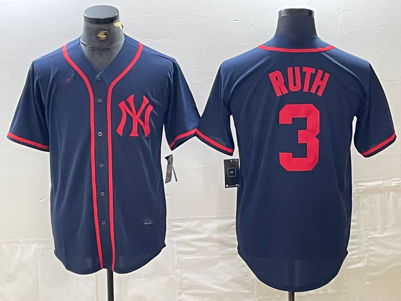 New York Yankees #3 Babe Ruth Navy Red Fashion Cool Base Baseball Jersey - Main View