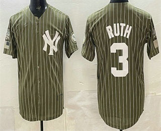 New York Yankees #3 Babe Ruth Olive Pinstripe 2026 Armed Forces Day Salute To Service Jersey - Main View