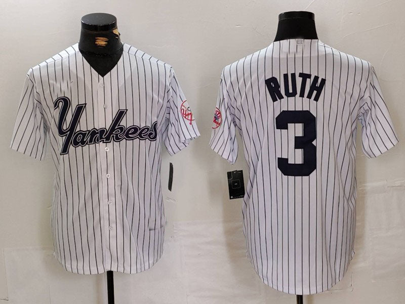 New York Yankees #3 Babe Ruth White Pinstripe Fashion Cool Base Baseball Jerseys - Main View