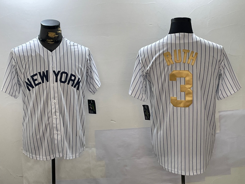 New York Yankees #3 Babe Ruth White Pinstripe Fashion Cool Base Stitched Baseball Jersey - Main View