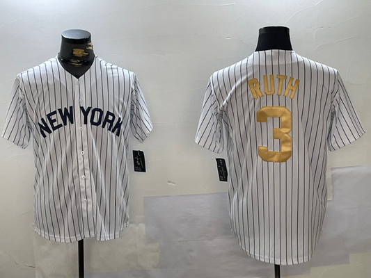 New York Yankees #3 Babe Ruth White Pinstripe Fashion Cool Base Stitched Baseball Jersey - Main View