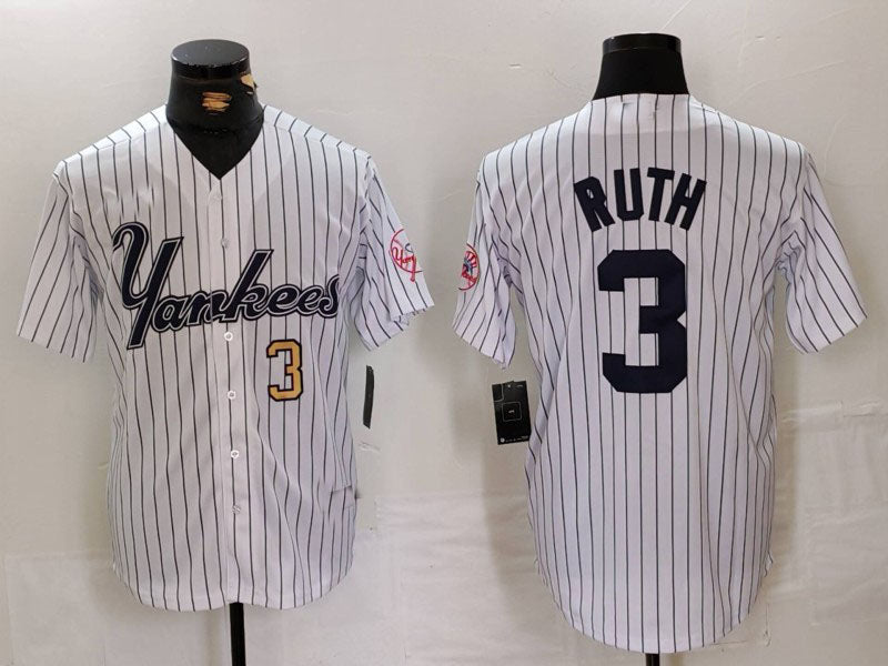 New York Yankees #3 Babe Ruth White Pinstripe Fashion Cool Base Baseball Jerseys - Main View