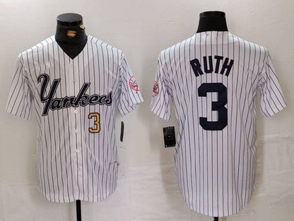 New York Yankees #3 Babe Ruth White Pinstripe Fashion Cool Base Baseball Jerseys - Main View