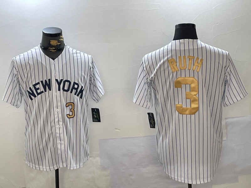 New York Yankees #3 Babe Ruth White Pinstripe Fashion Cool Base Stitched Baseball Jersey - Main View