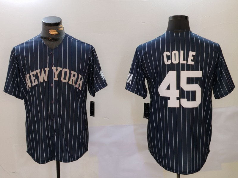 New York Yankees #45 Gerrit Cole Navy Pinstripe Fashion Cool Base Baseball Jersey - Main View