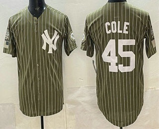 New York Yankees #45 Gerrit Cole Olive Pinstripe 2026 Armed Forces Day Salute To Service Jersey - Main View